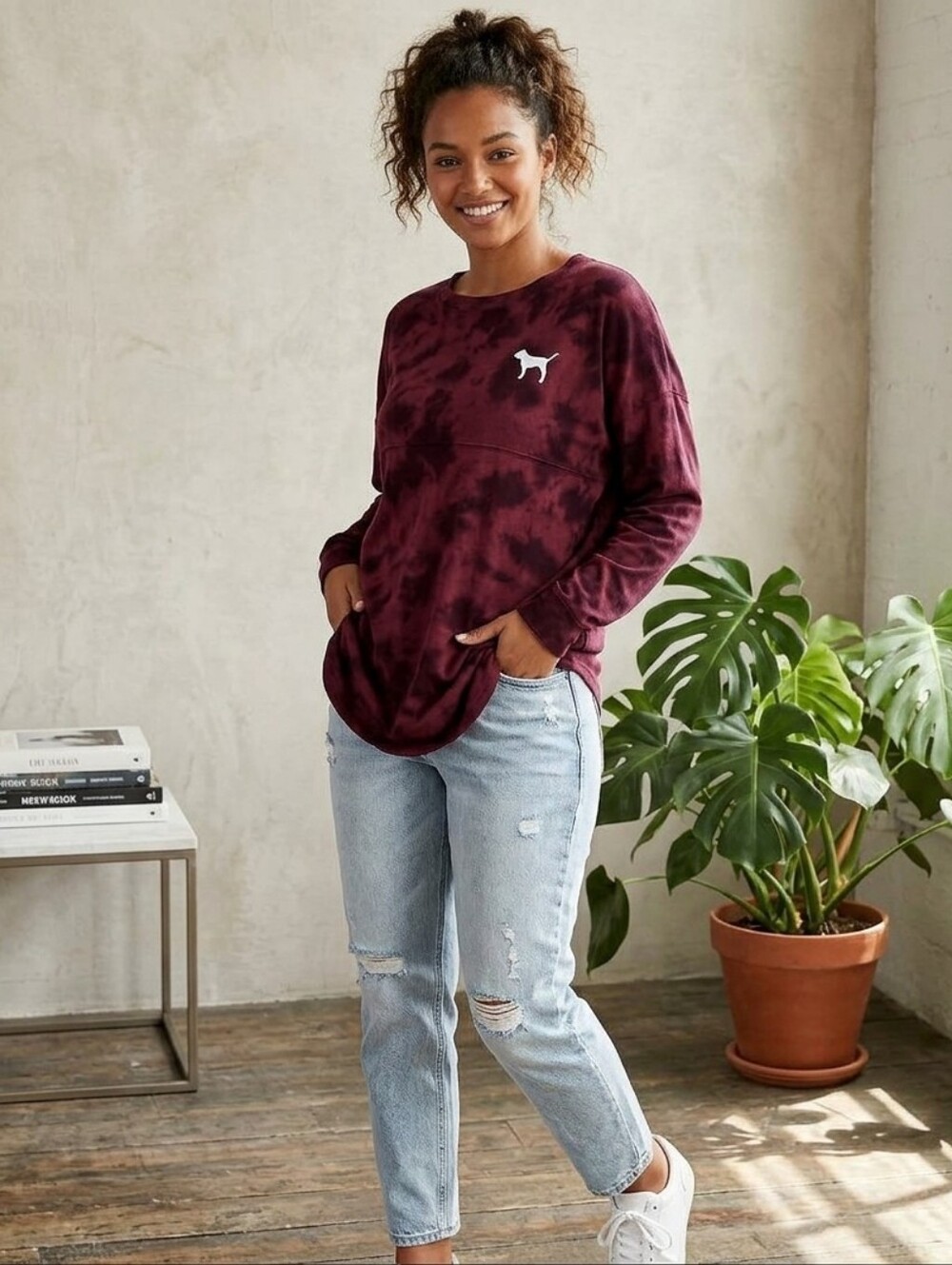 VS PINK Burgundy Maroon Tie Dye Crewneck Long Sleeve Tee (Oversized Fit) - Picture 1 of 7